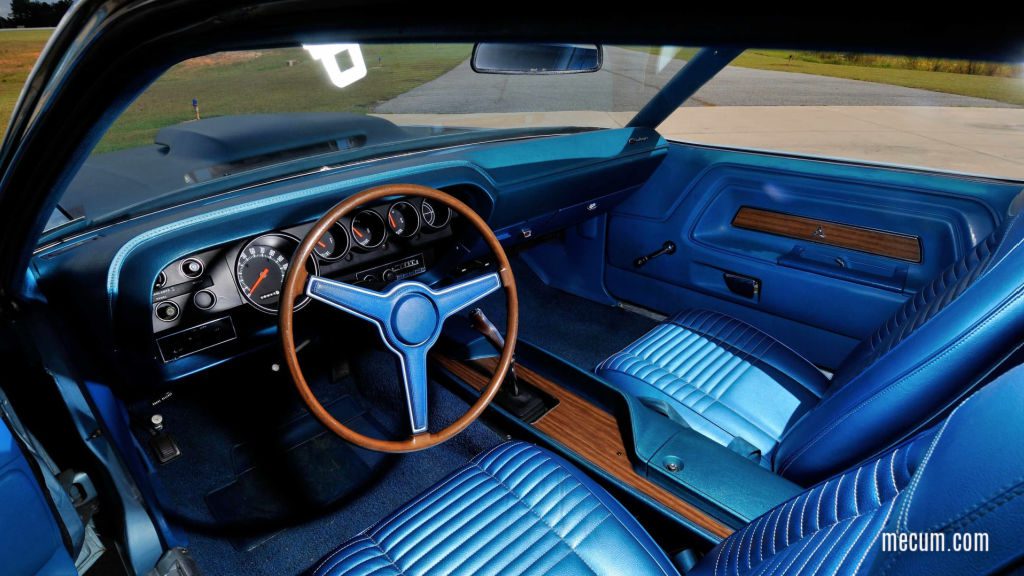 Blue Bucket Seat Interior of a 1970 Dodge Challenger T/A 