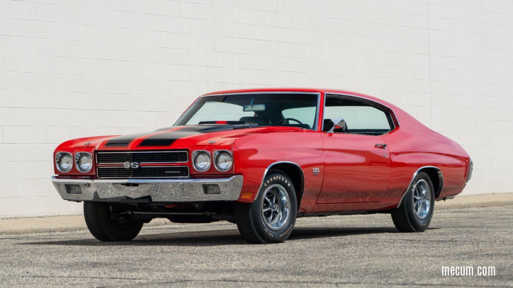 Photo of a 1970 SS Chevelle in cranberry red with black stripes.