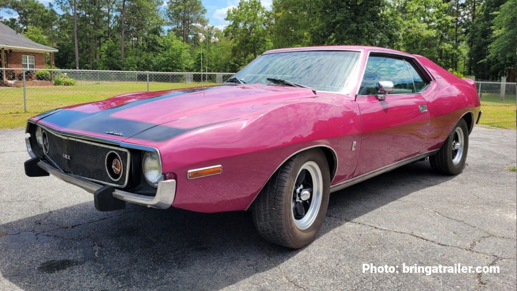 Photo of a pink 1973 AMC Javelin AMX 401 American Muscle Car